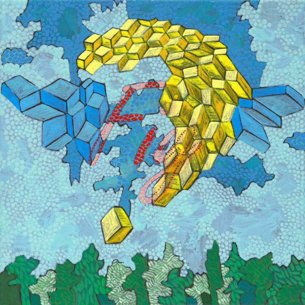 王玫玲，《飛翔》，壓克力顏料、批土/畫布，25×25 cm，2024。畫面中宛如升空的黃色熱氣球，象徵對夢想的追尋，亦流露蓬勃的生命力。（圖片由誠品畫廊提供）