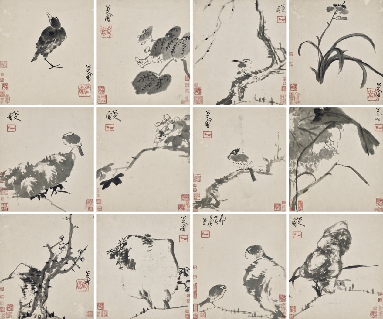 八大山人1699年作《水墨花鳥冊》，水墨紙本，冊頁十二開，每開30.5 x 27.5 公分，估價1200萬至1800萬港元，成交價6190萬港元。圖／佳士得香港。