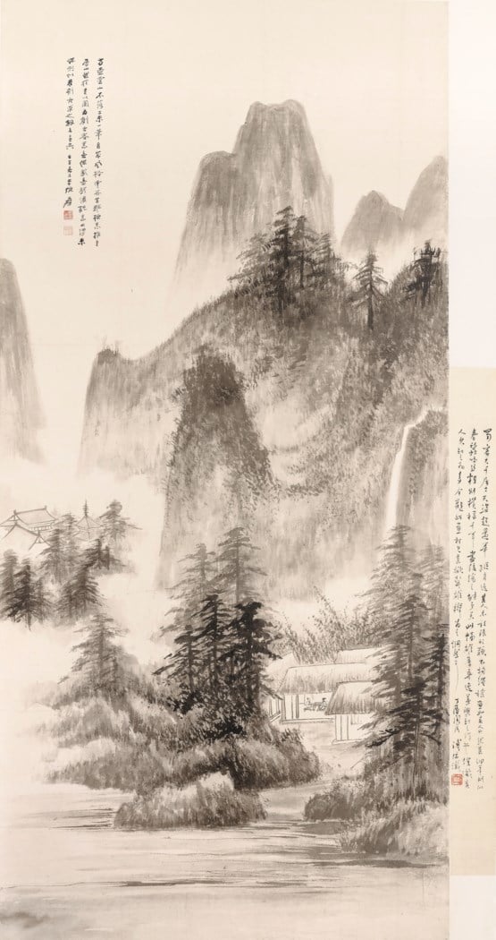 張大千1942年作《雲山話舊》，水墨紙本，153 x 73.4 公分，估價350萬至500萬港元，成交價505萬6000港元。圖／佳士得香港。