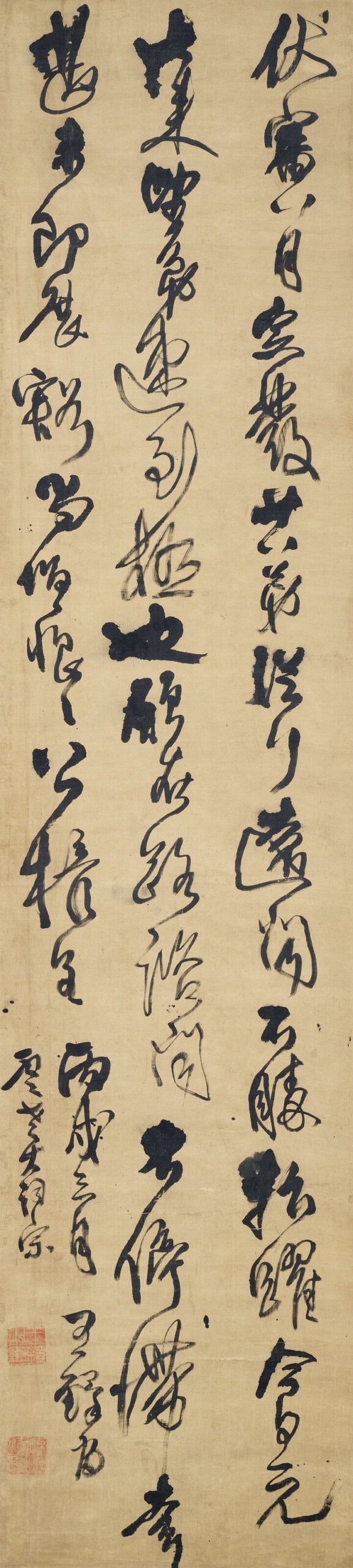 王鐸1646年作《行書〈臨柳公權伏審帖〉》，水墨綾本，219.5 x 49公分，估價350萬至550萬港元，成交價409萬6000港元。圖／佳士得香港。