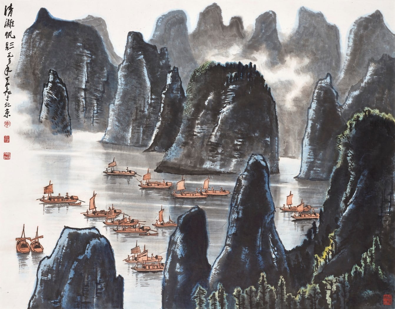 李可染1972年作《清灕帆影》，設色紙本，112 x 145公分，估價650萬至850萬港元，成交價 1280萬港元。圖／佳士得香港。