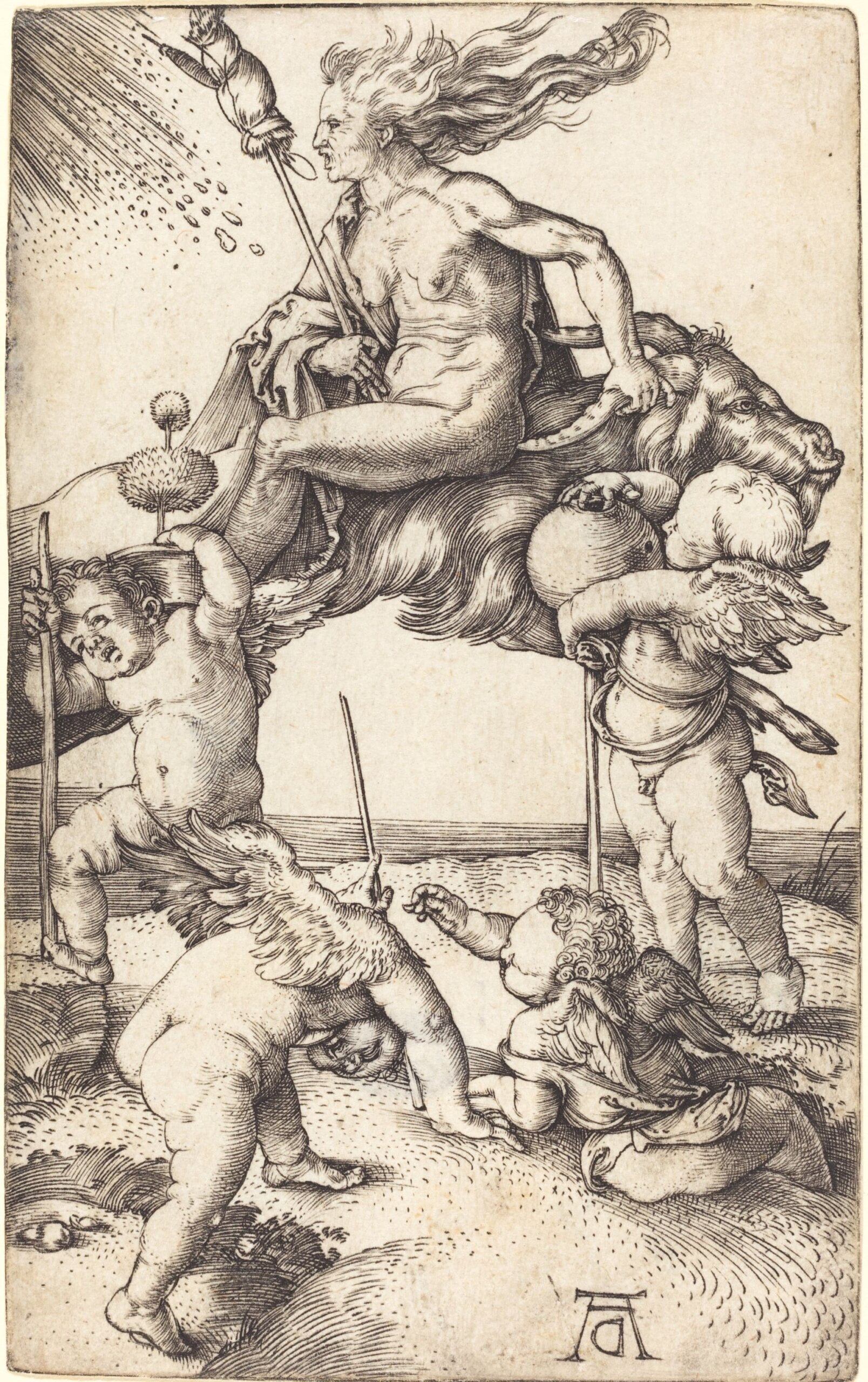 阿爾布雷希特・杜勒（Albrecht Dürer），《騎山羊的女巫》（Witch Riding on a Goat），約1500至1501年，銅版雕刻，11.4 × 7公分，美國國家藝廊藏。（維基百科）