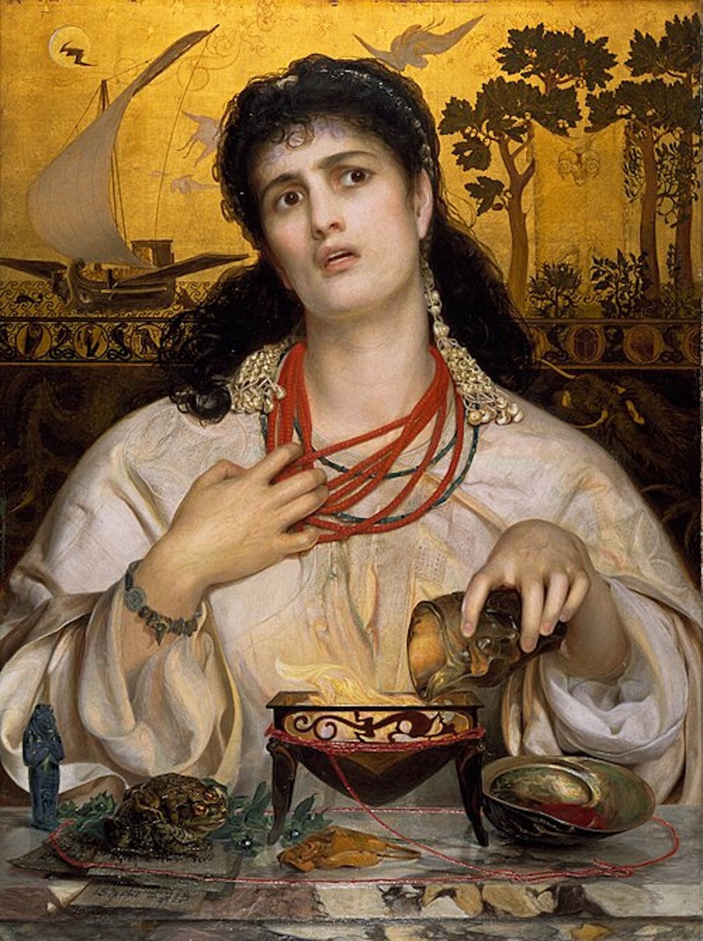 弗雷德里克・桑迪斯（Frederick Sandys），《美狄亞》（Medea），1868，油彩、木板，61.2 × 45.6 cm，伯明罕博物館與美術館（Birmingham Museum & Art Gallery）藏。（維基百…