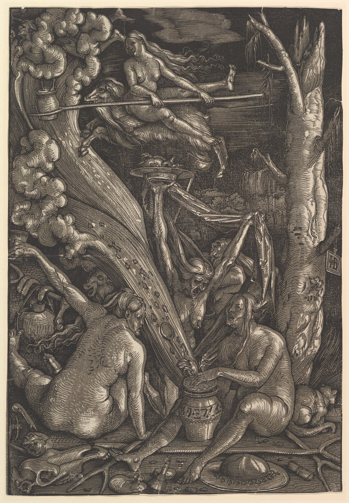 漢斯・巴爾東・格里恩（Hans Baldung Grien），《女巫安息日》（Witches’ Sabbath），1510年，雙版明暗木刻版畫，37.9 × 26.2公分，紐約大都會藝術博物館藏。（維基百科）