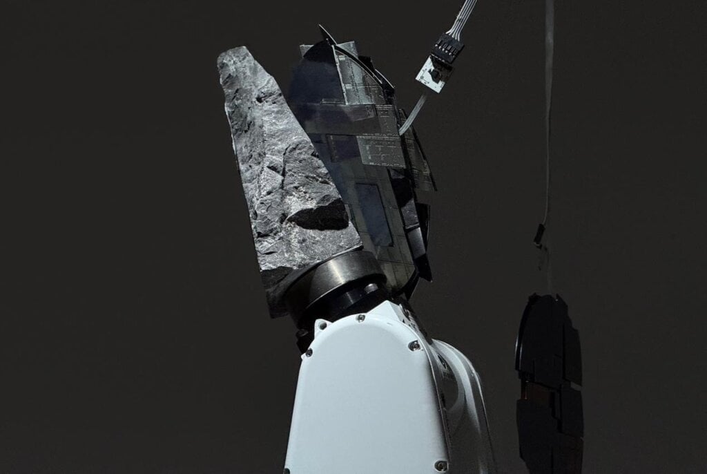 何芯源《石夢 v2.0》透過機械手臂帶動岩石撞擊晶圓，結合物質碰撞與數位聲響，探索地質時間、半導體技術與運算系統之間的關係。（國立臺北藝術大學新媒體藝術系提供）