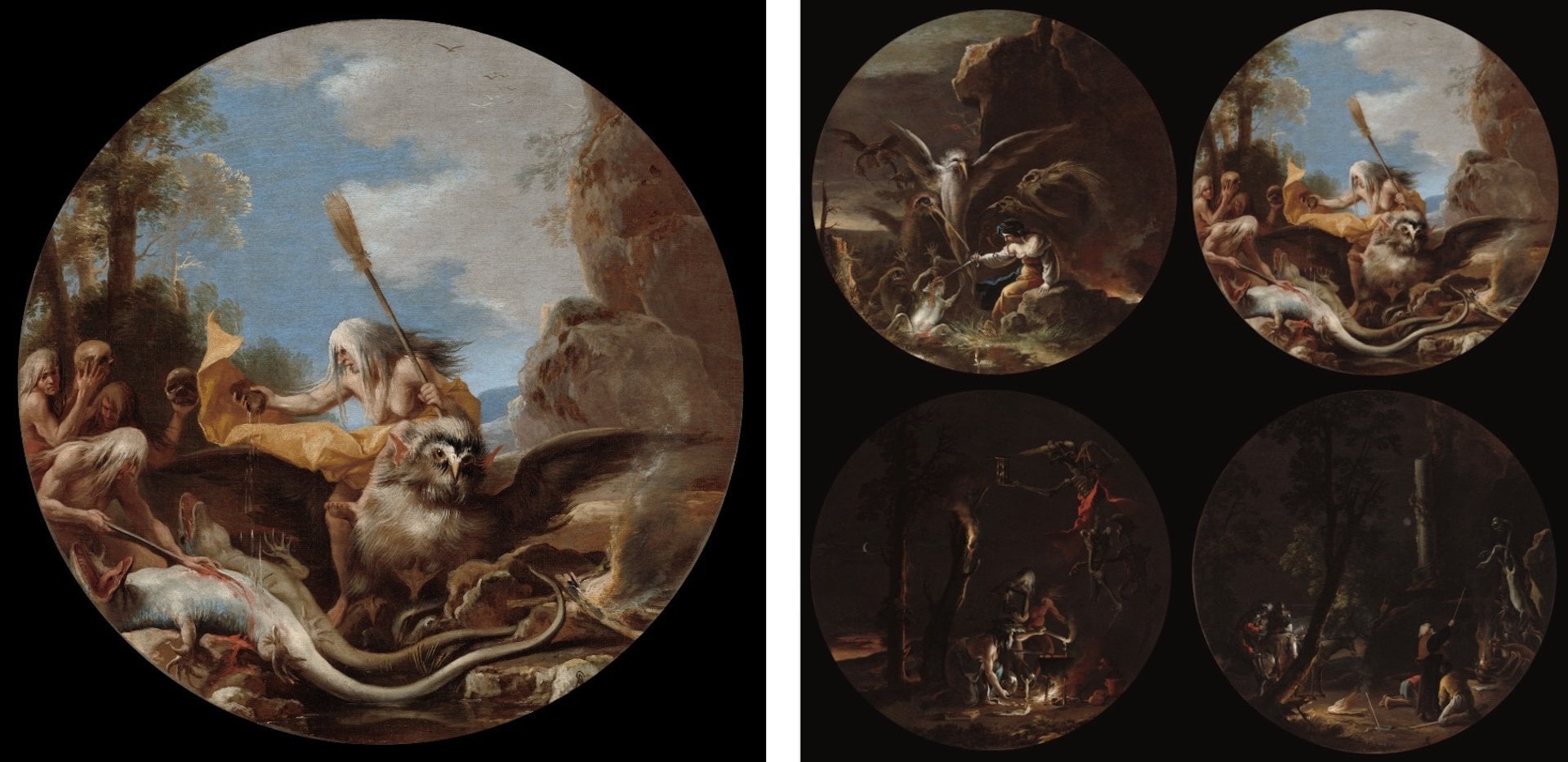 薩爾瓦多・羅薩（Salvator Rosa），《巫術場景》（Scenes of Witchcraft），約1645至1649年，油彩、畫布，共四幅圓形繪畫，每幅直徑約54.5公分，美國克里夫蘭美術館藏。（圖片來源／Wikimedia Com…