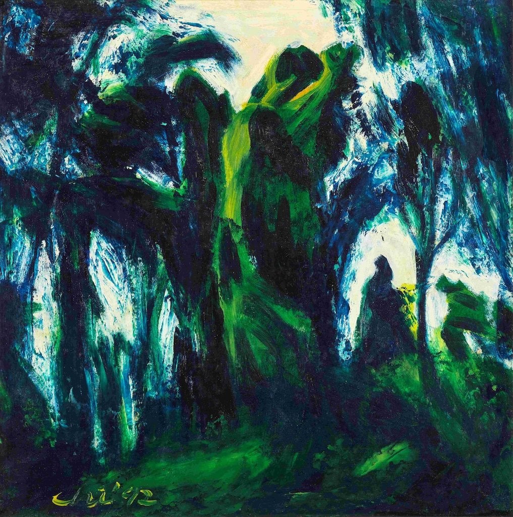 七等生，《林中受教》，紙本油彩，45x45cm，1992。（劉懷拙提供）&nbsp;&nbsp;